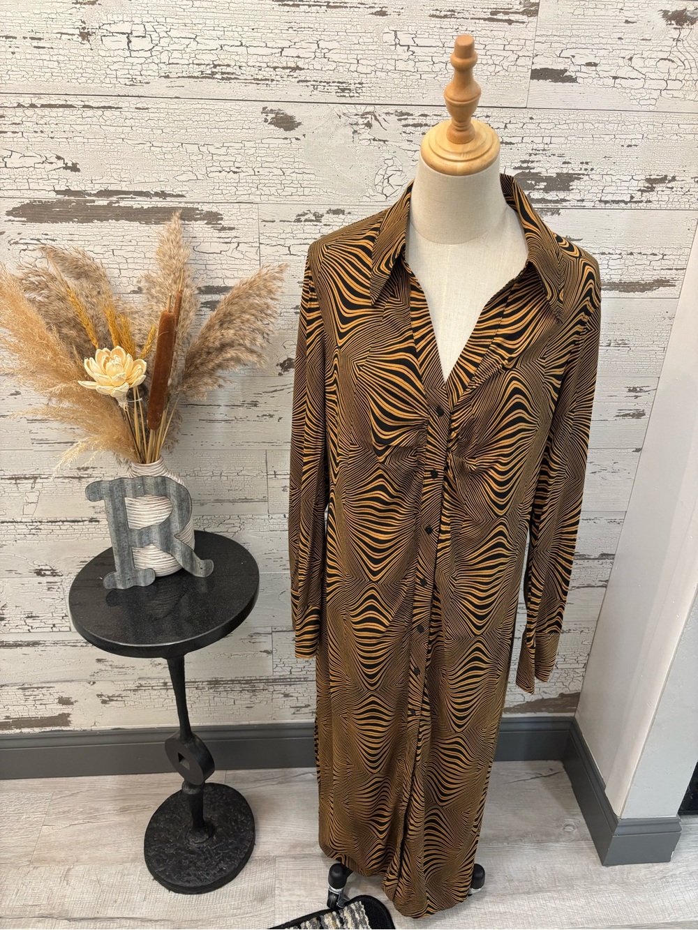 MNG Brown & Black Wave-Print Maxi Shirt Dress